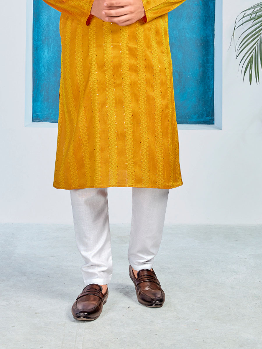 Yellow Heavy Jacquard Silk Woven Festival Party Kurta