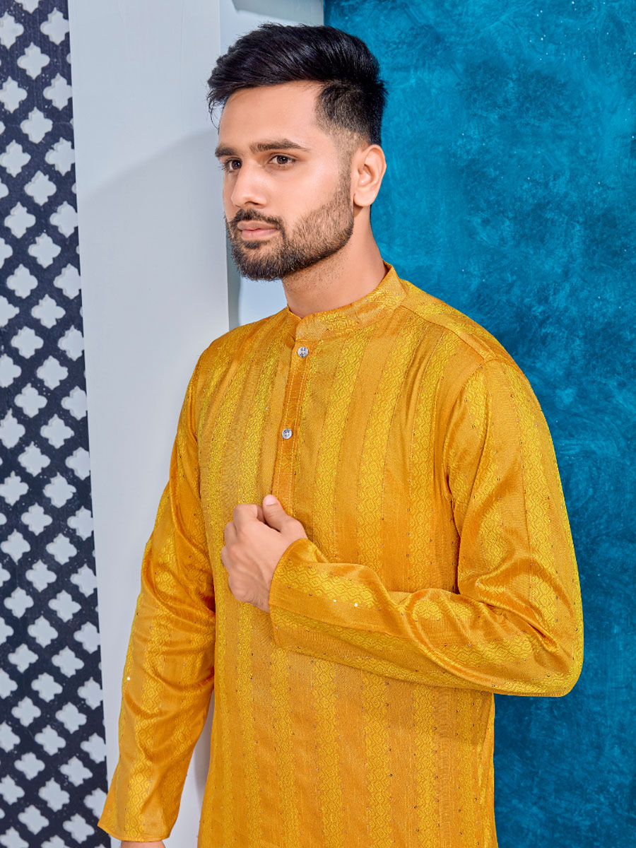 Yellow Heavy Jacquard Silk Woven Festival Party Kurta