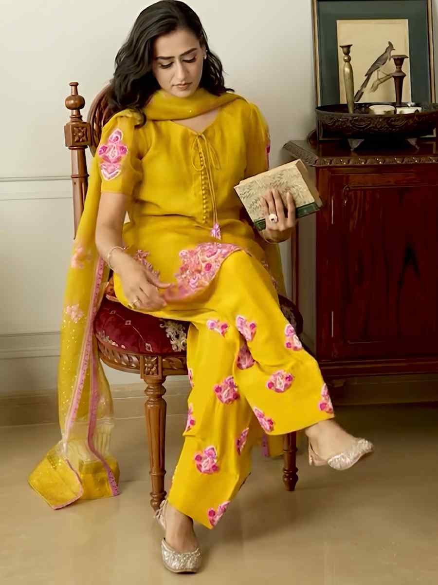 Yellow Heavy Micro Cotton Embroidered Festival Mehendi Ready Farsi Salwar Kameez