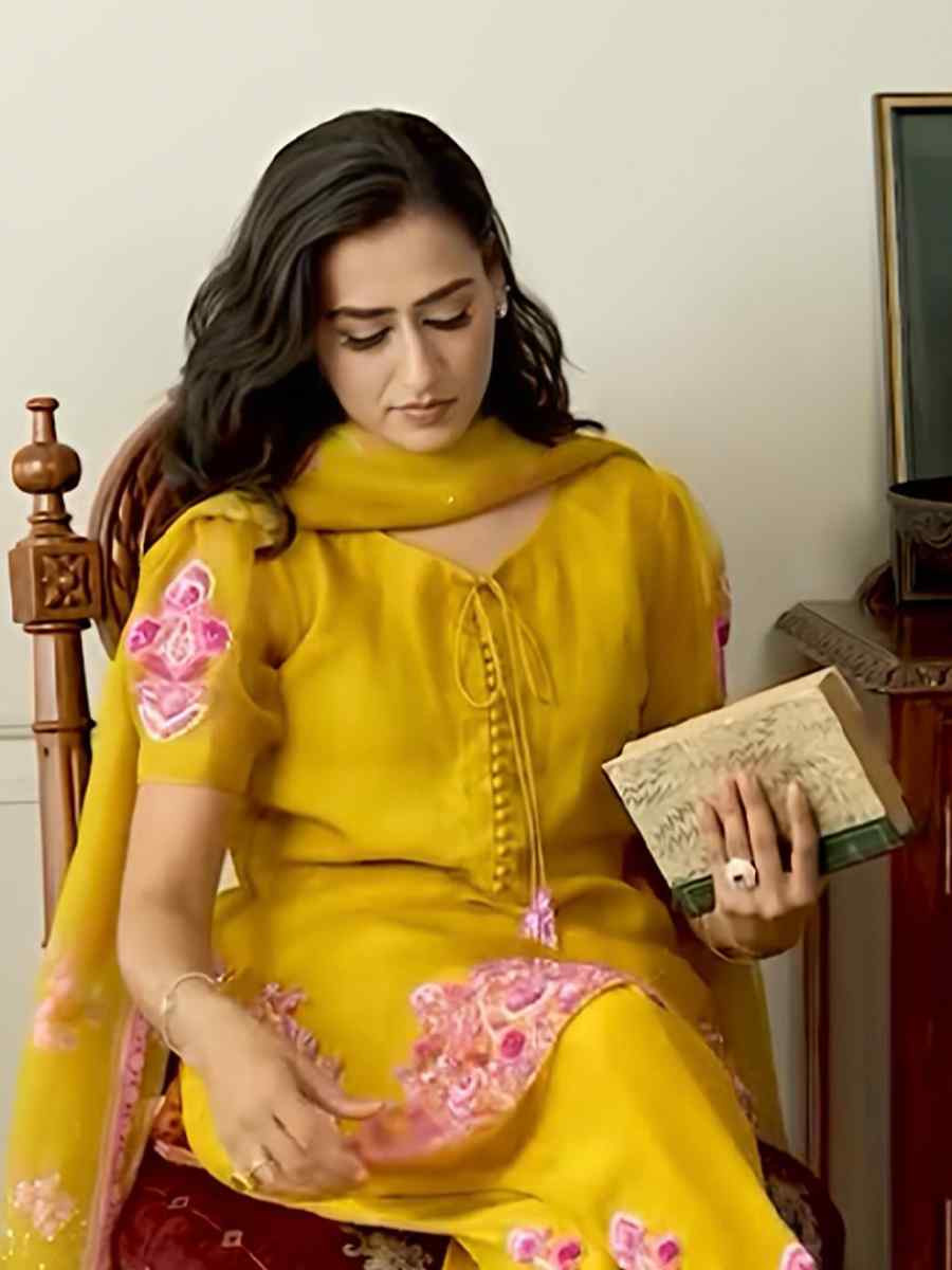 Yellow Heavy Micro Cotton Embroidered Festival Mehendi Ready Farsi Salwar Kameez