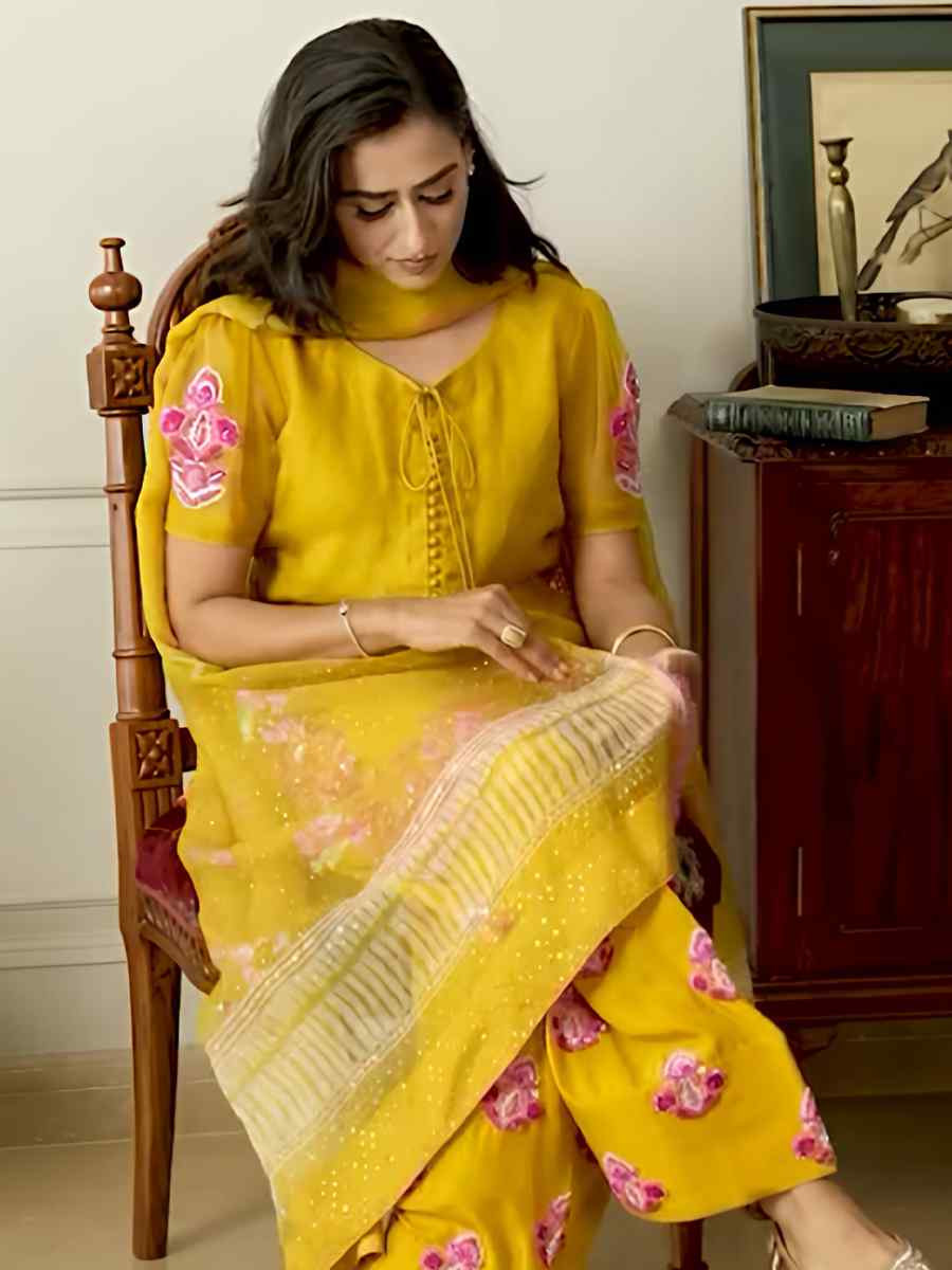 Yellow Heavy Micro Cotton Embroidered Festival Mehendi Ready Farsi Salwar Kameez