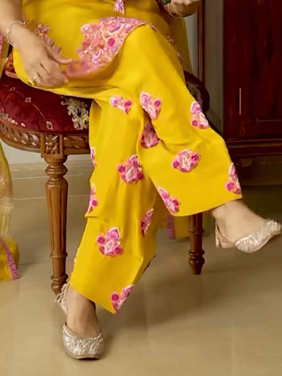 Yellow Heavy Micro Cotton Embroidered Festival Mehendi Ready Farsi Salwar Kameez