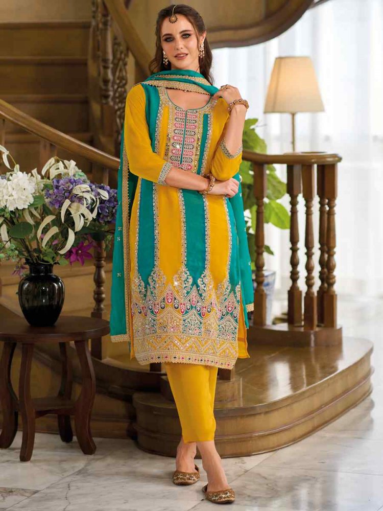 Yellow Heavy Organza Embroidered Festival Casual Ready Pant Salwar Kameez