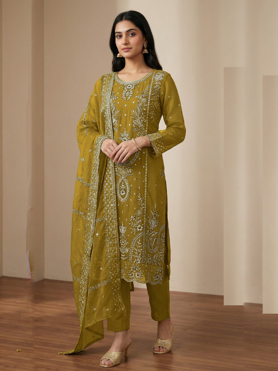 Yellow Heavy Organza Embroidery Wedding Party Festival Casual Pant Salwar Kameez
