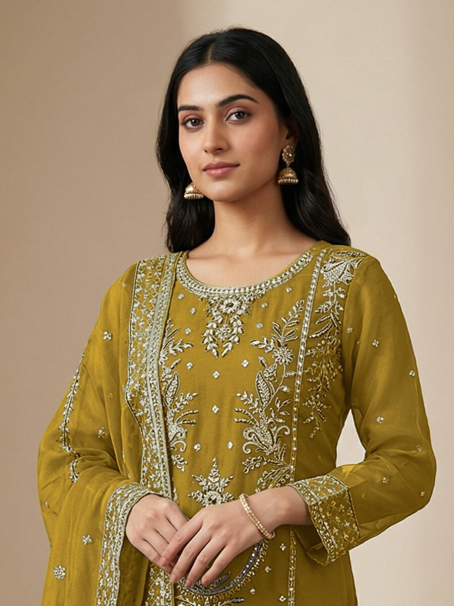 Yellow Heavy Organza Embroidery Wedding Party Festival Casual Pant Salwar Kameez