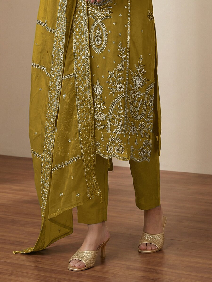 Yellow Heavy Organza Embroidery Wedding Party Festival Casual Pant Salwar Kameez