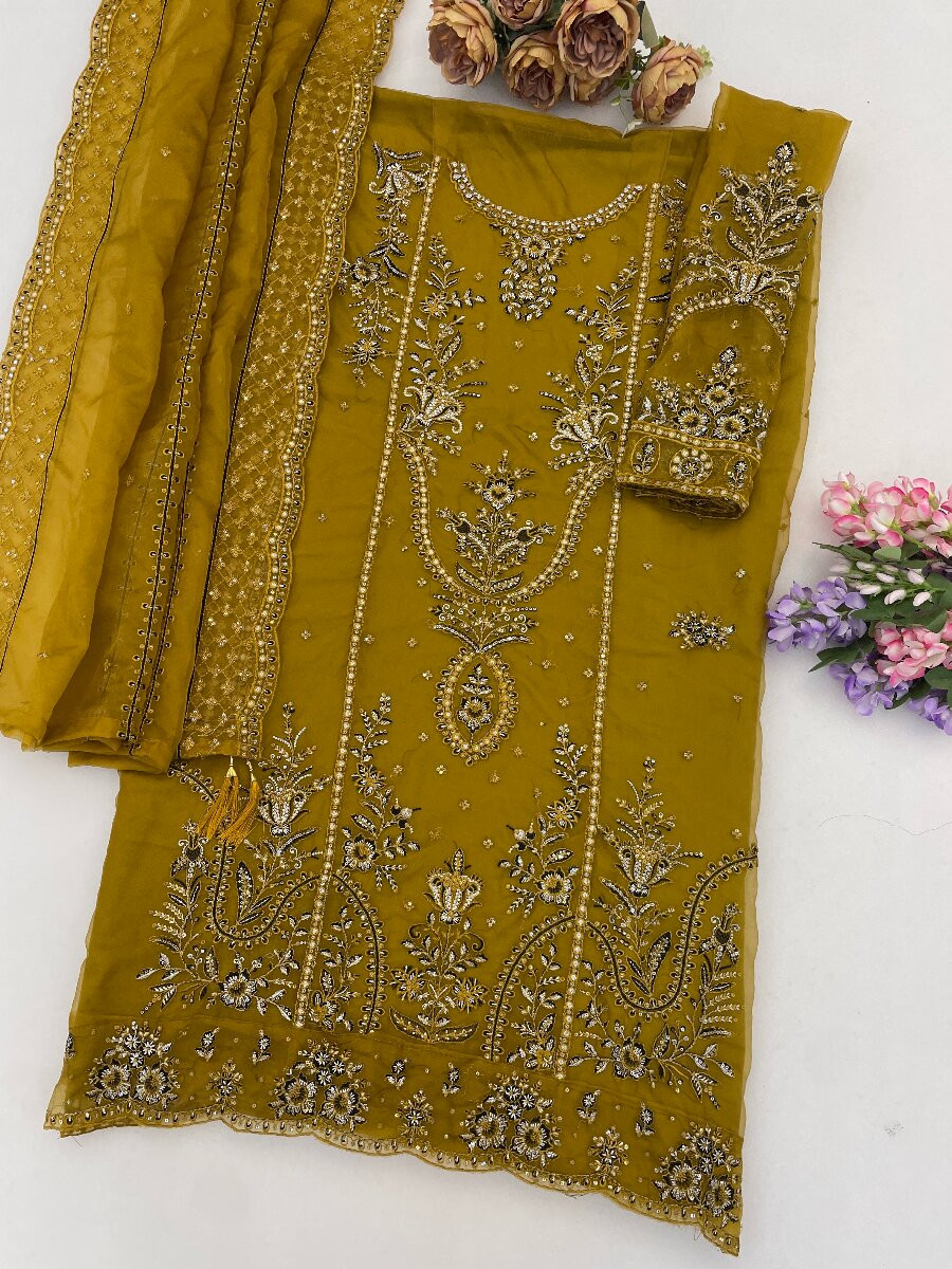 Yellow Heavy Organza Embroidery Wedding Party Festival Casual Pant Salwar Kameez