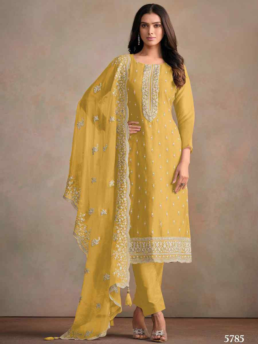Yellow Heavy Orgnza Silk Embroidered Festival Casual Pant Salwar Kameez