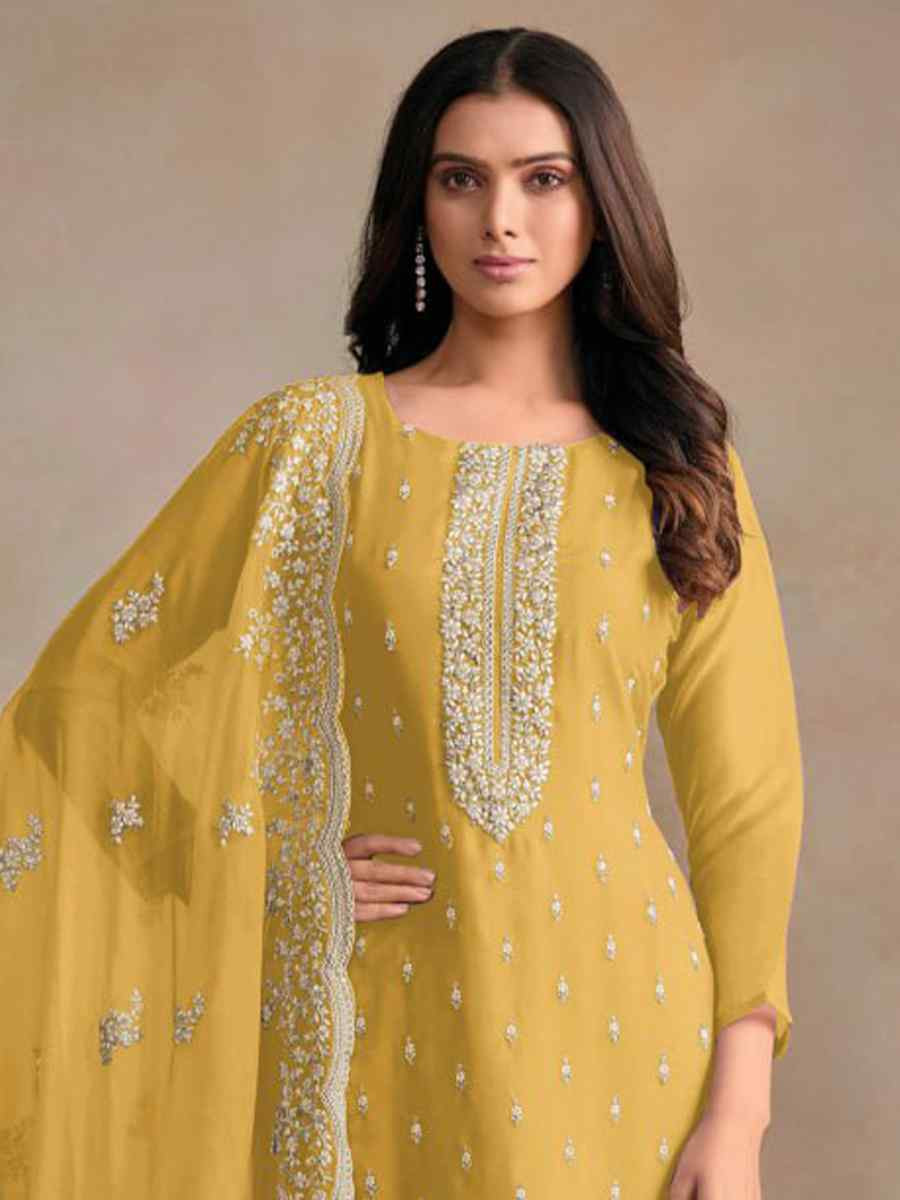 Yellow Heavy Orgnza Silk Embroidered Festival Casual Pant Salwar Kameez