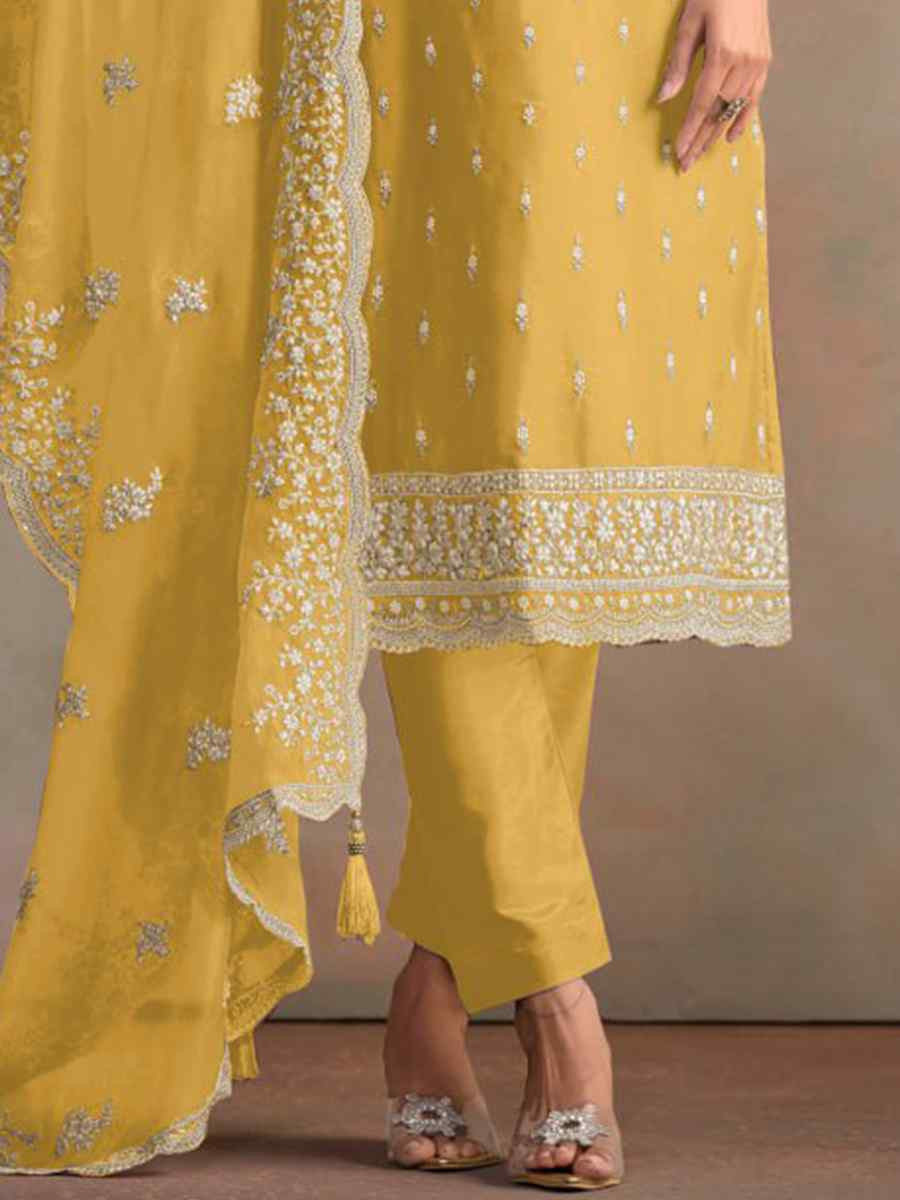 Yellow Heavy Orgnza Silk Embroidered Festival Casual Pant Salwar Kameez
