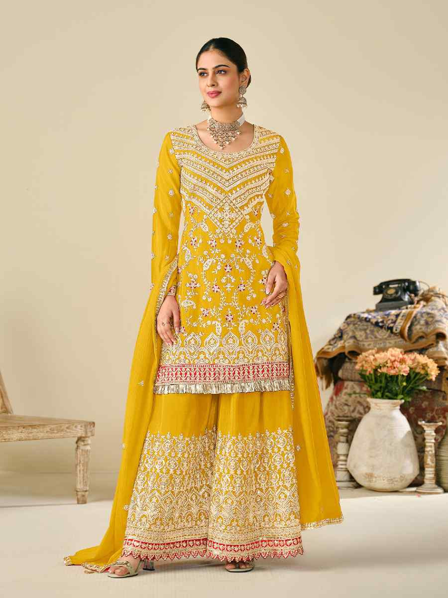 Yellow Heavy Premium Chinon Embroidered Festive Wedding Ready Palazzo Pant Salwar Kameez