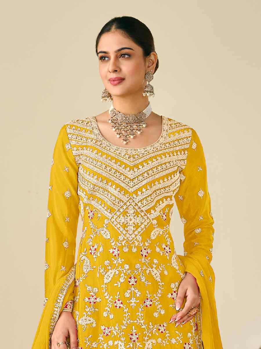Yellow Heavy Premium Chinon Embroidered Festive Wedding Ready Palazzo Pant Salwar Kameez
