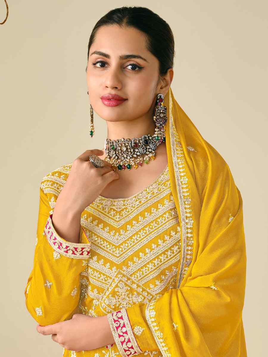 Yellow Heavy Premium Chinon Embroidered Festive Wedding Ready Palazzo Pant Salwar Kameez