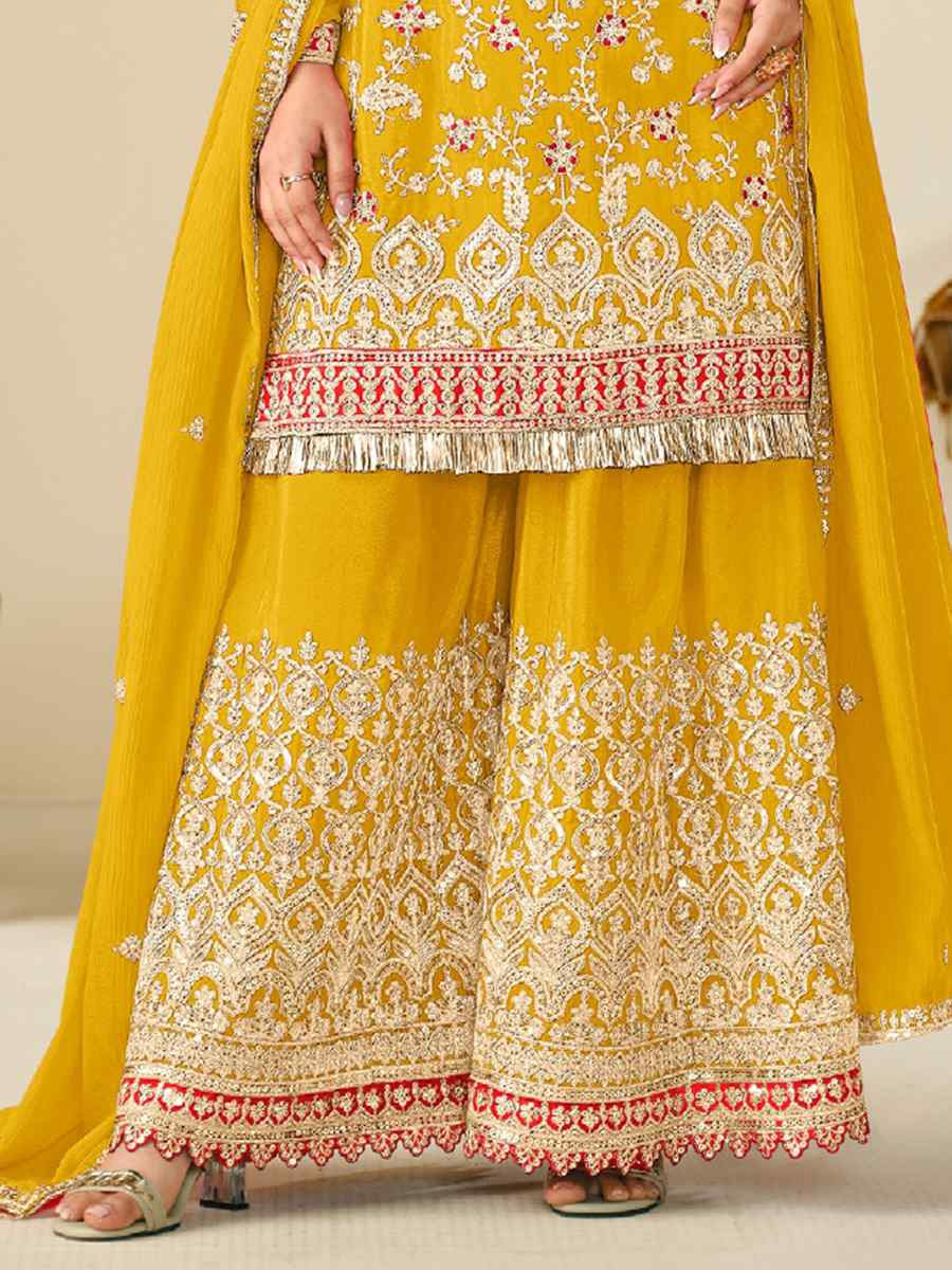 Yellow Heavy Premium Chinon Embroidered Festive Wedding Ready Palazzo Pant Salwar Kameez