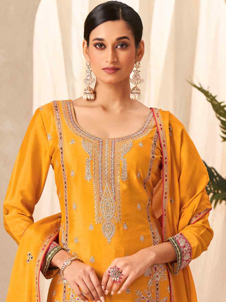 Yellow Heavy Premium Chinon Embroidered Festival Party Ready Palazzo Pant Salwar Kameez
