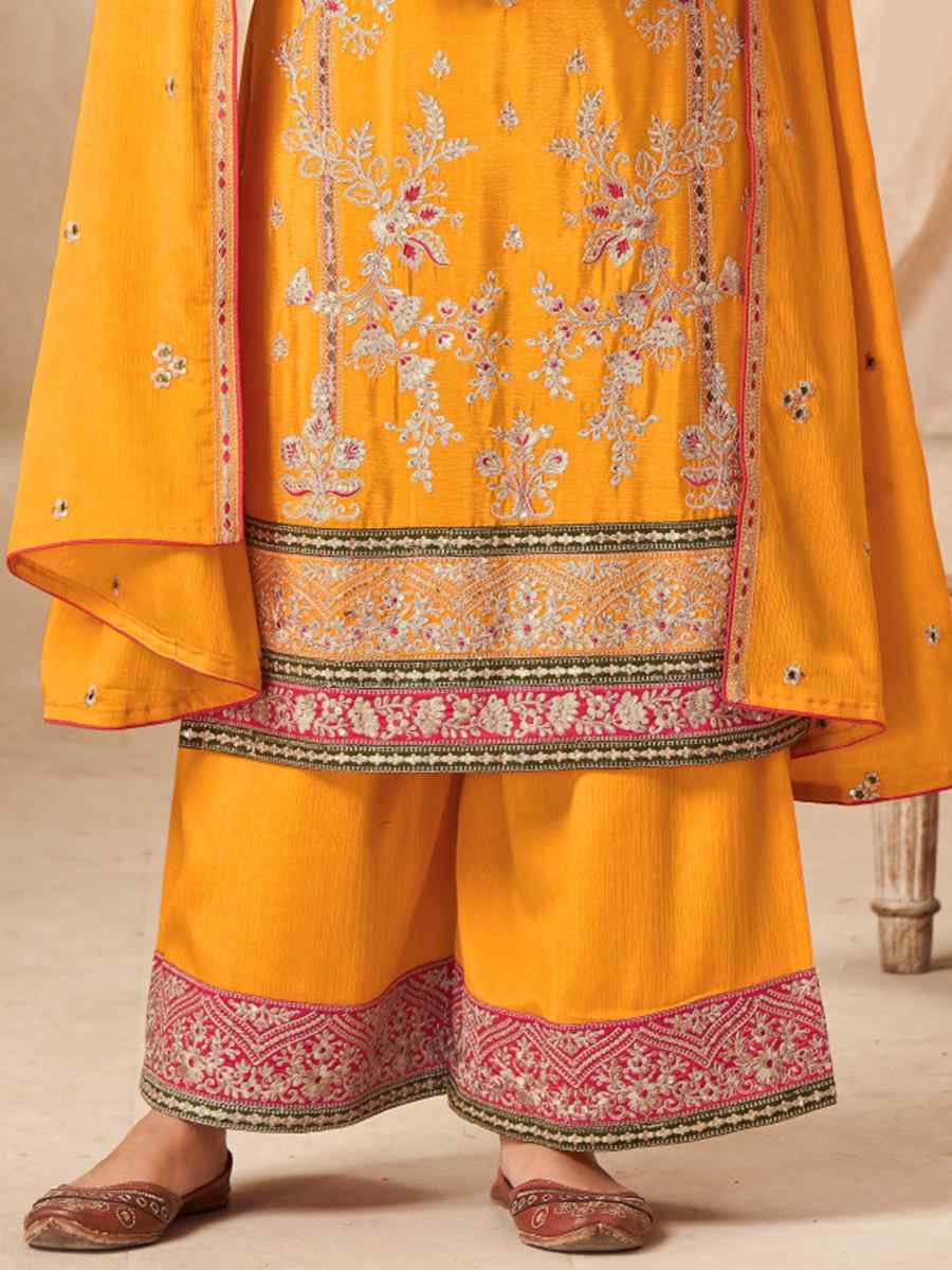 Yellow Heavy Premium Chinon Embroidered Festival Party Ready Palazzo Pant Salwar Kameez