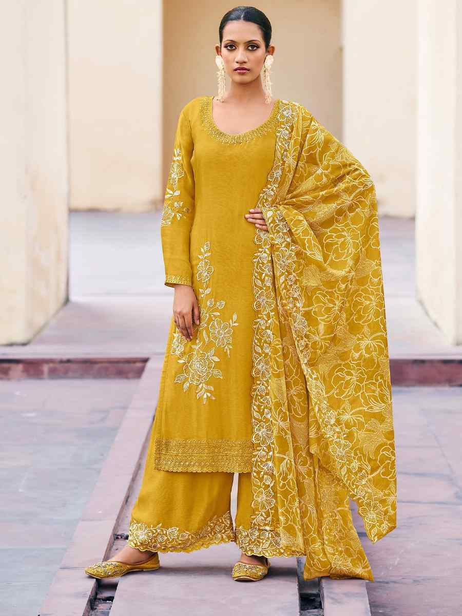 Yellow Heavy Premium Chinon Embroidered Festival Wedding Palazzo Pant Salwar Kameez