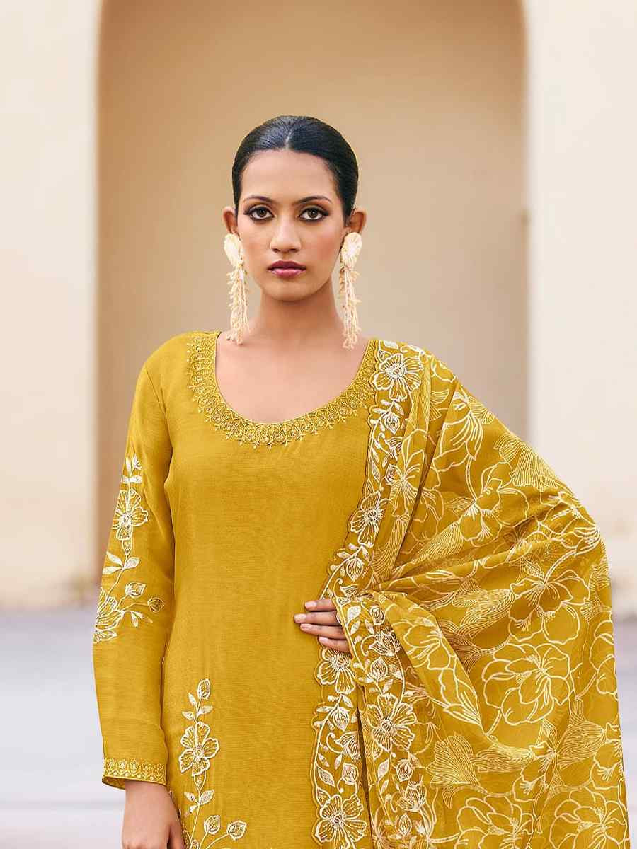 Yellow Heavy Premium Chinon Embroidered Festival Wedding Palazzo Pant Salwar Kameez