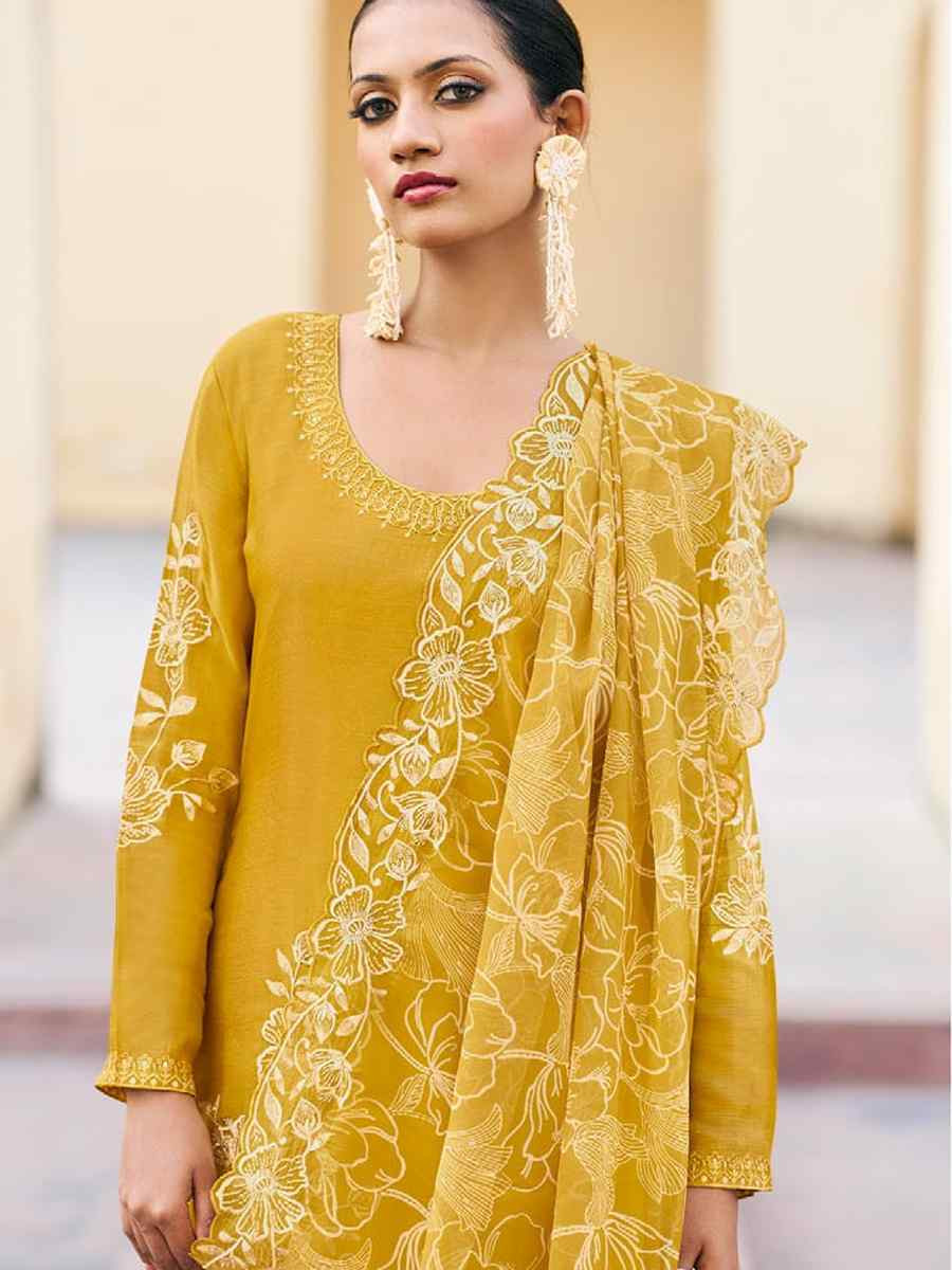 Yellow Heavy Premium Chinon Embroidered Festival Wedding Palazzo Pant Salwar Kameez