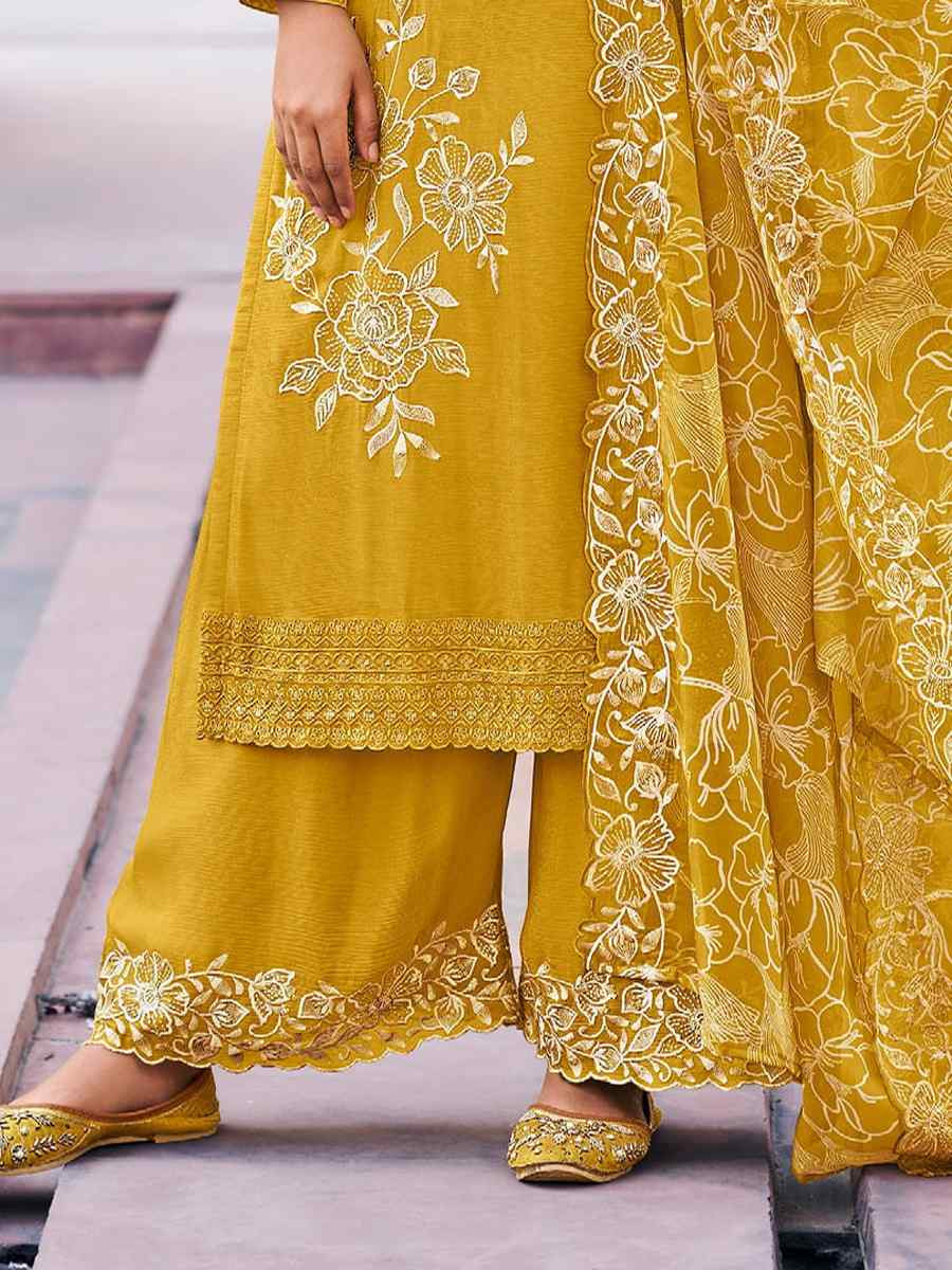 Yellow Heavy Premium Chinon Embroidered Festival Wedding Palazzo Pant Salwar Kameez