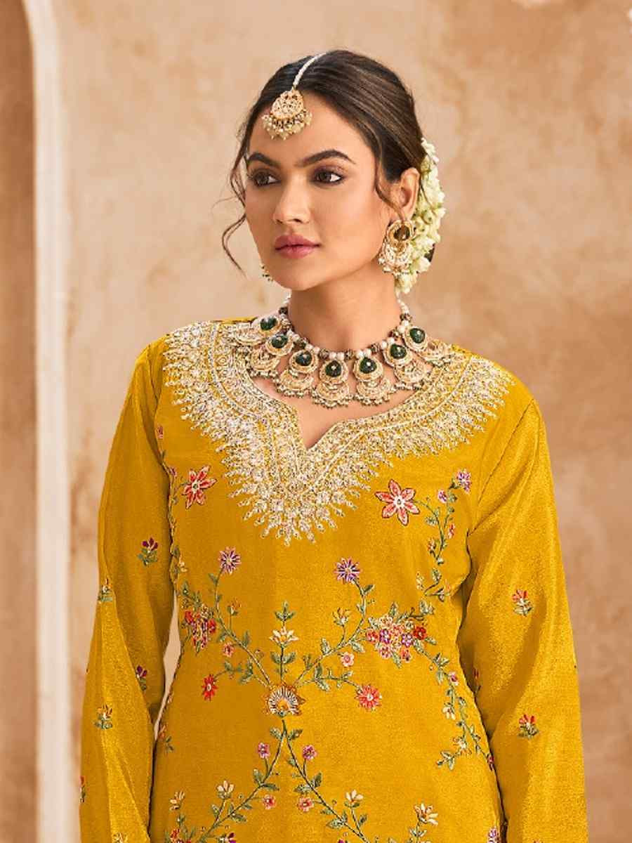 Yellow Heavy Premium Chinon Embroidered Festival Wedding Palazzo Pant Salwar Kameez