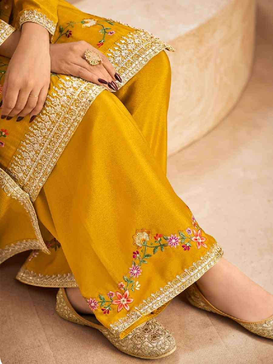 Yellow Heavy Premium Chinon Embroidered Festival Wedding Palazzo Pant Salwar Kameez
