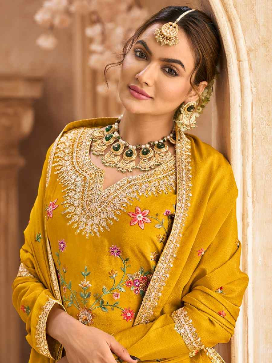 Yellow Heavy Premium Chinon Embroidered Festival Wedding Palazzo Pant Salwar Kameez