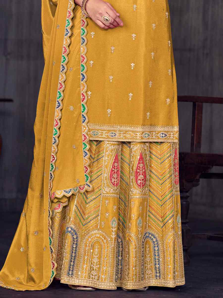 Yellow Heavy Premium Chinon Embroidered Festival Wedding Sharara Pant Salwar Kameez