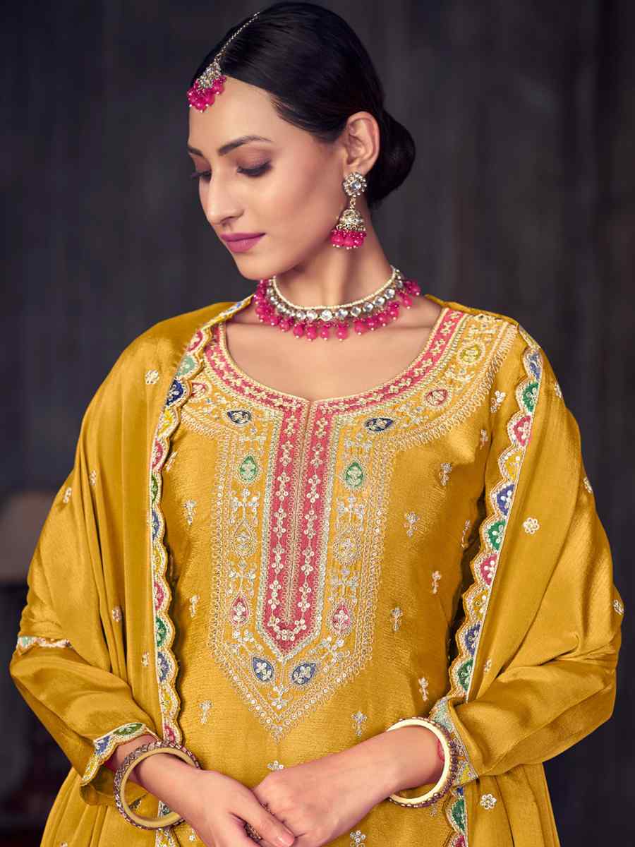 Yellow Heavy Premium Chinon Embroidered Festival Wedding Sharara Pant Salwar Kameez
