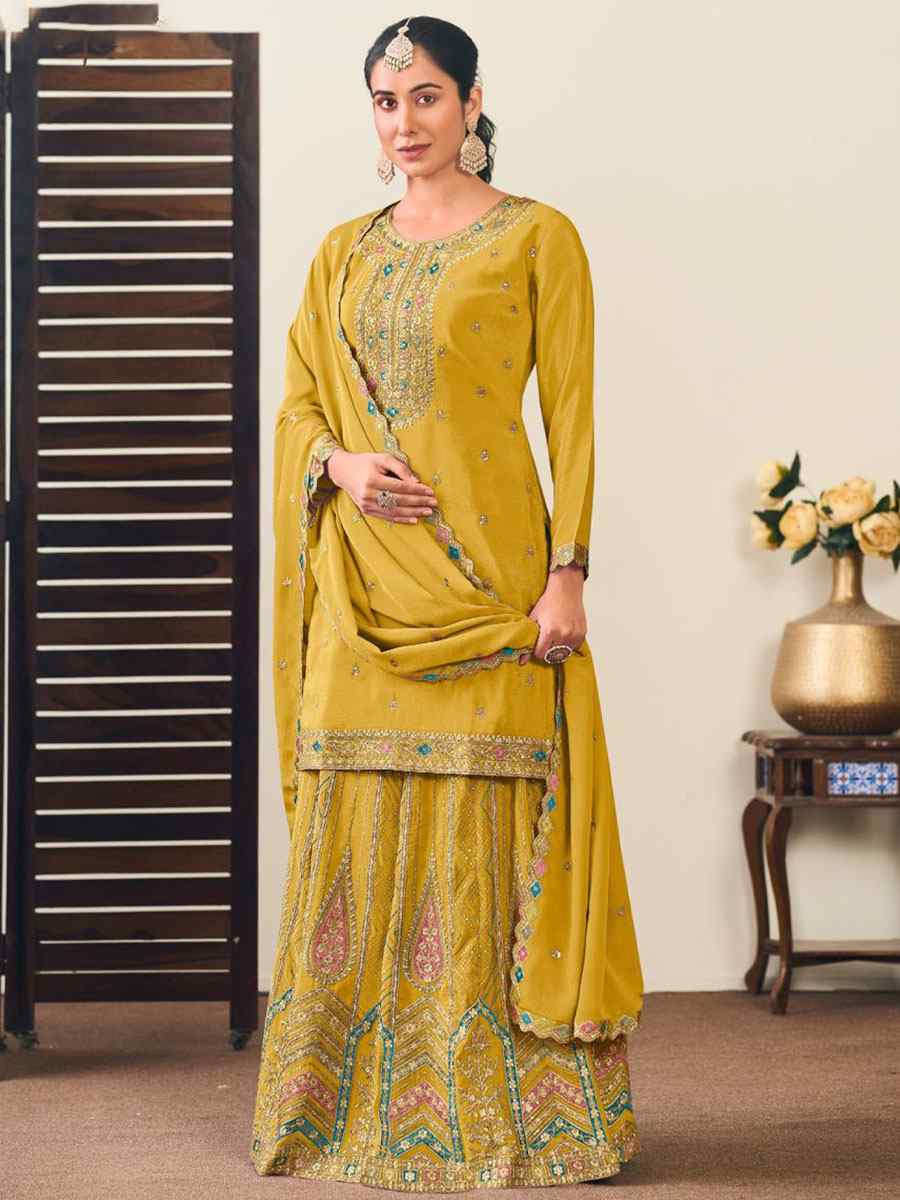 Yellow Heavy Premium Chinon Embroidery Party Wedding Festival Casual Ready Kurti Lehenga Choli