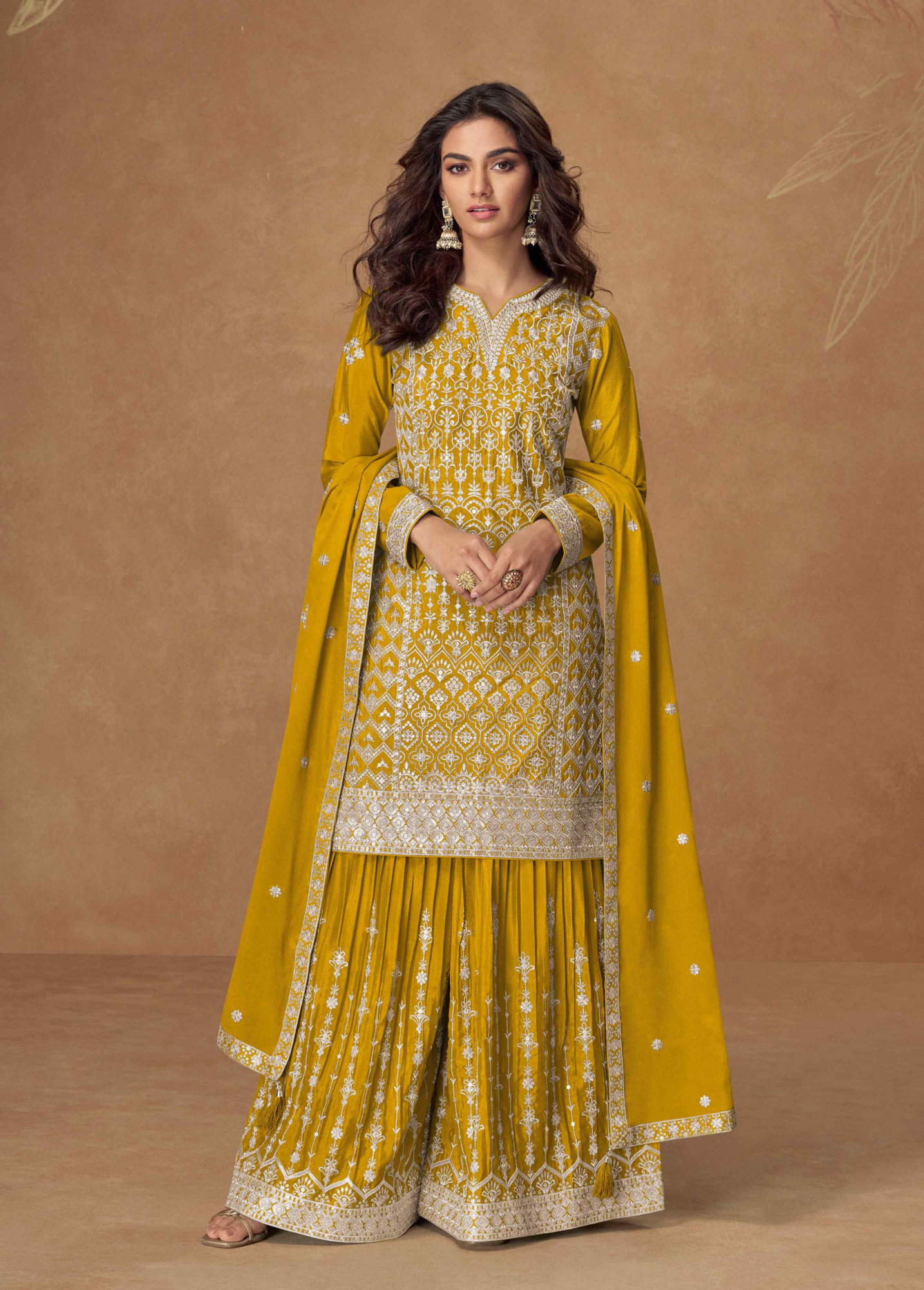 Yellow Heavy Premium Chinon Embroidery Party Wedding Festival Casual Ready Palazzo Pant Salwar Kameez