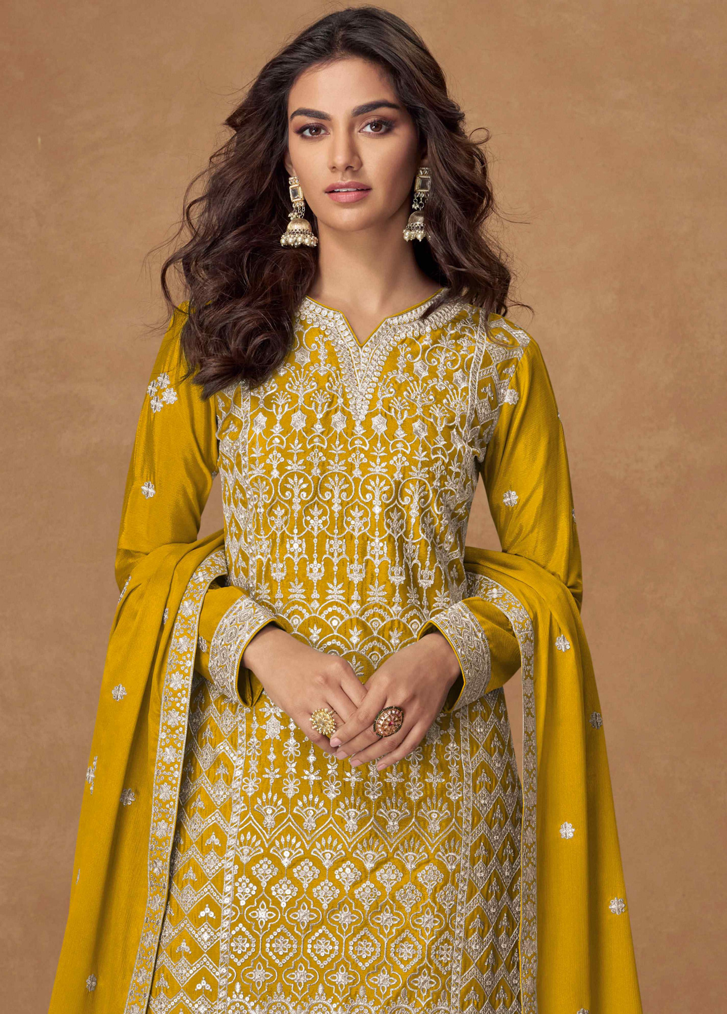 Yellow Heavy Premium Chinon Embroidery Party Wedding Festival Casual Ready Palazzo Pant Salwar Kameez