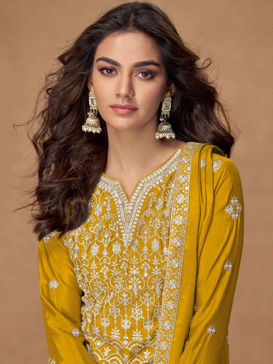 Yellow Heavy Premium Chinon Embroidery Party Wedding Festival Casual Ready Palazzo Pant Salwar Kameez
