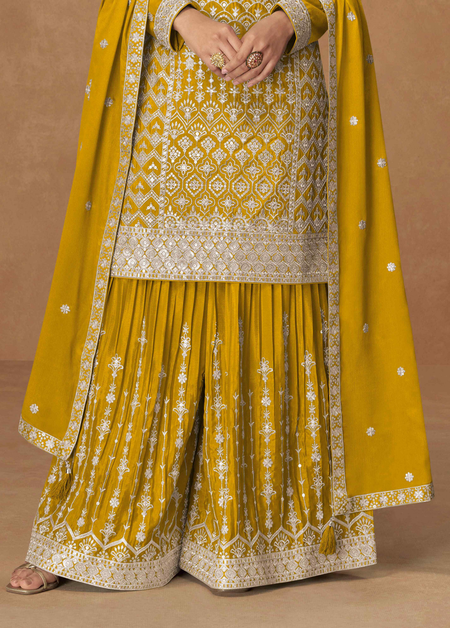 Yellow Heavy Premium Chinon Embroidery Party Wedding Festival Casual Ready Palazzo Pant Salwar Kameez