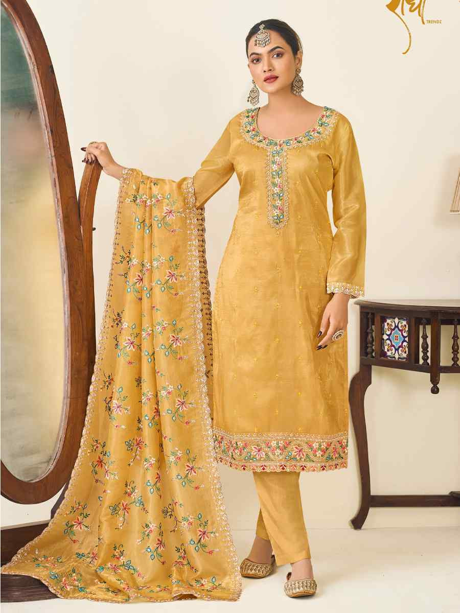 Yellow Heavy Premium Gold Crush Silk Embroidered Festival Wedding Pant Salwar Kameez