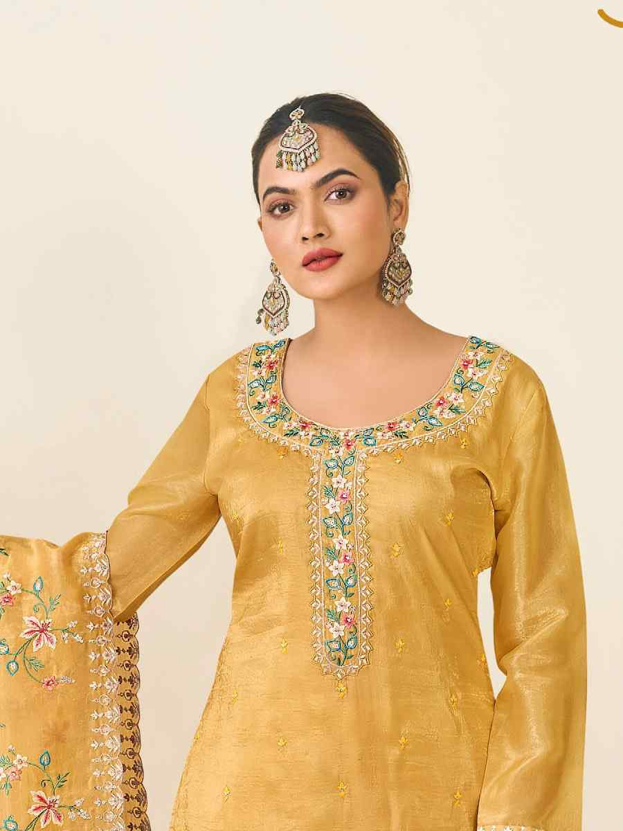 Yellow Heavy Premium Gold Crush Silk Embroidered Festival Wedding Pant Salwar Kameez