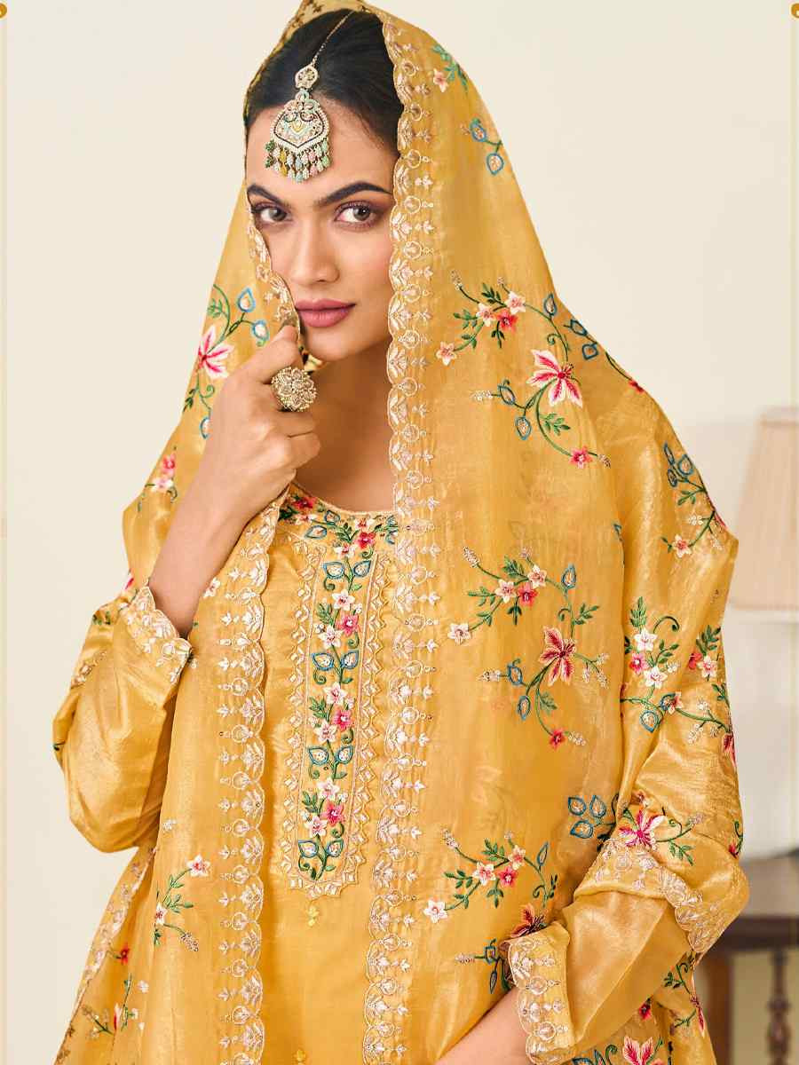 Yellow Heavy Premium Gold Crush Silk Embroidered Festival Wedding Pant Salwar Kameez