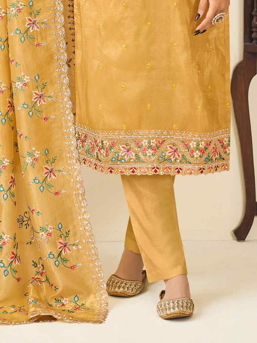 Yellow Heavy Premium Gold Crush Silk Embroidered Festival Wedding Pant Salwar Kameez