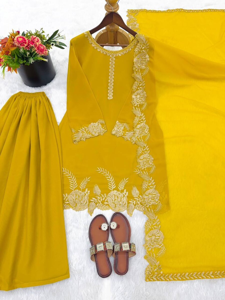 Yellow Heavy Pure Faux Georgette Embroidery Wedding Party Festival Casual Ready Palazzo Pant Salwar Kameez