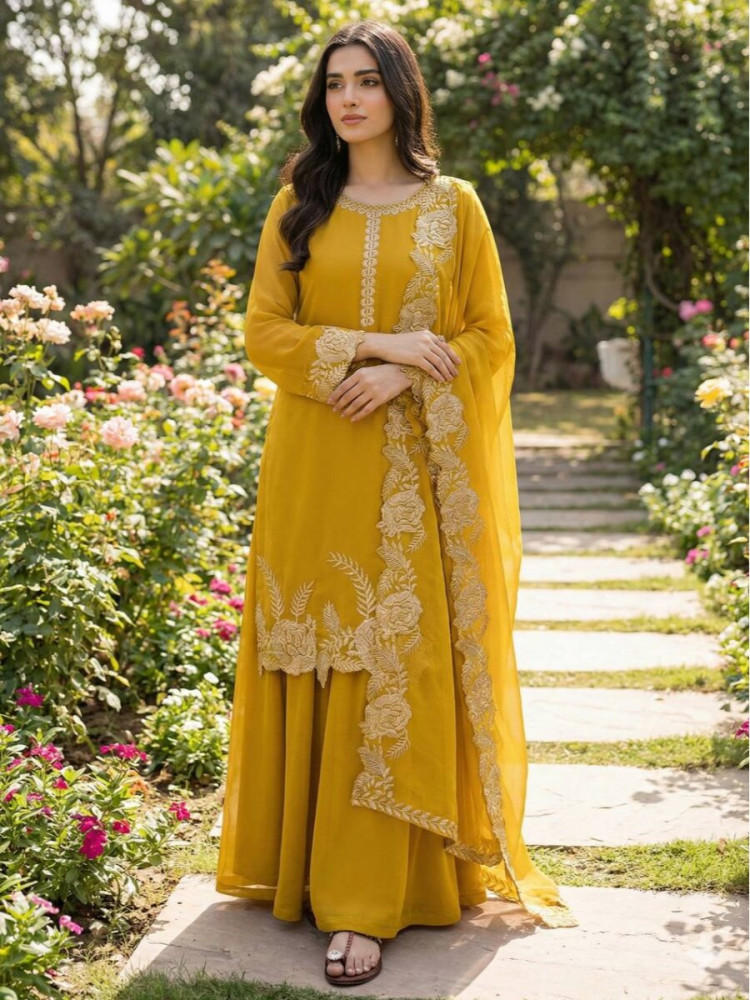 Image of Yellow Heavy Pure Faux Georgette Embroidery Wedding Party Festival Casual Ready Palazzo Pant Salwar Kameez