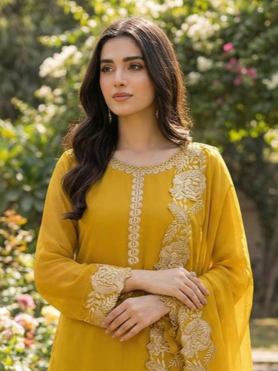 Yellow Heavy Pure Faux Georgette Embroidery Wedding Party Festival Casual Ready Palazzo Pant Salwar Kameez