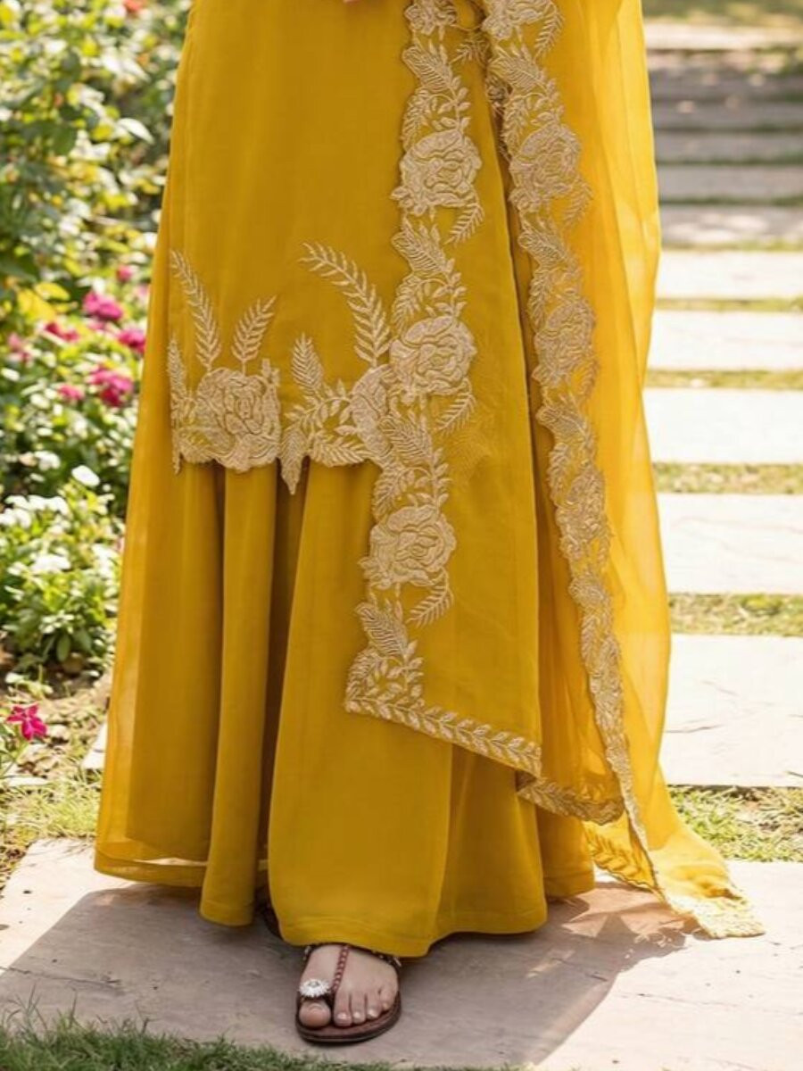 Yellow Heavy Pure Faux Georgette Embroidery Wedding Party Festival Casual Ready Palazzo Pant Salwar Kameez