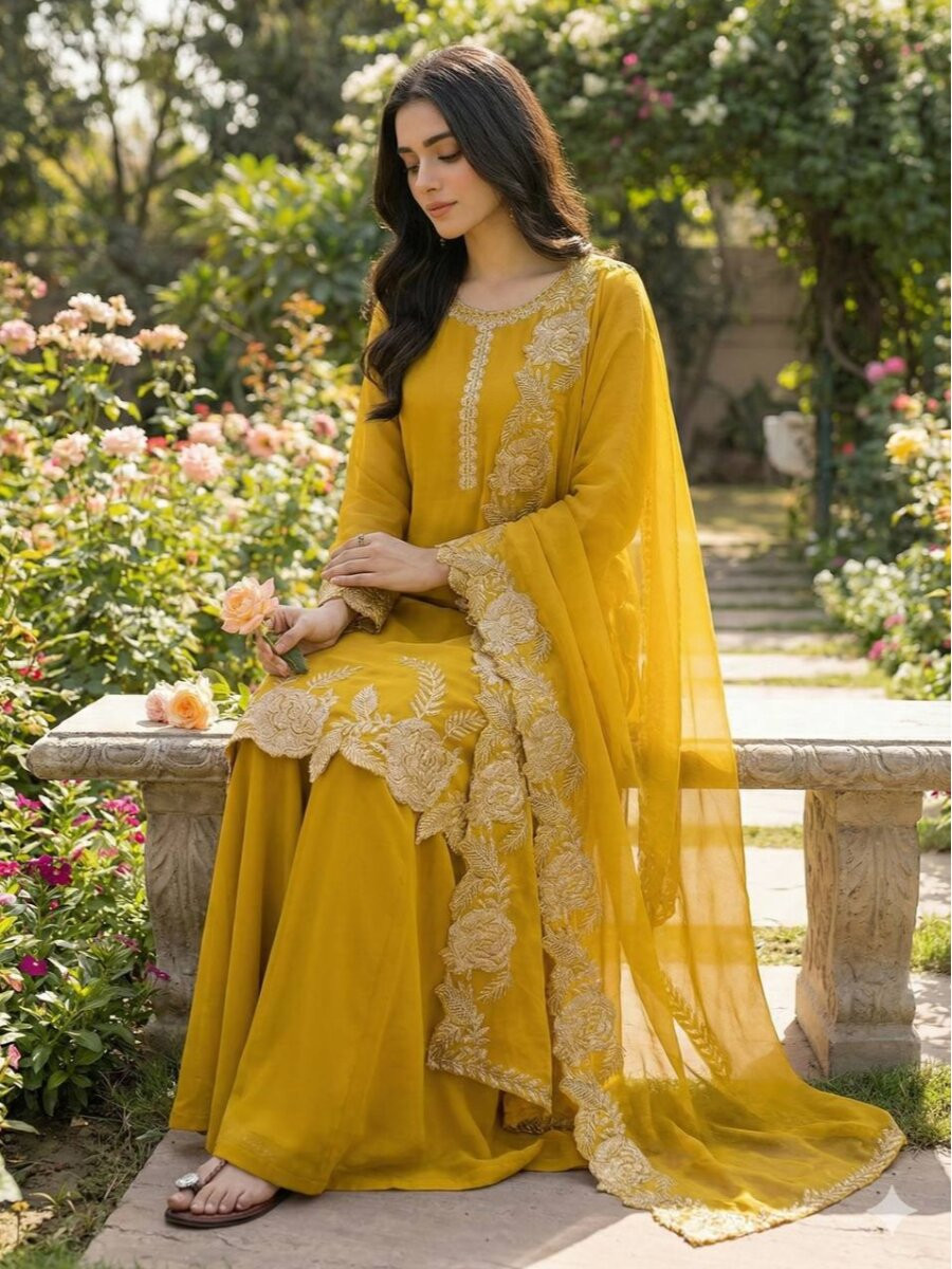 Yellow Heavy Pure Faux Georgette Embroidery Wedding Party Festival Casual Ready Palazzo Pant Salwar Kameez