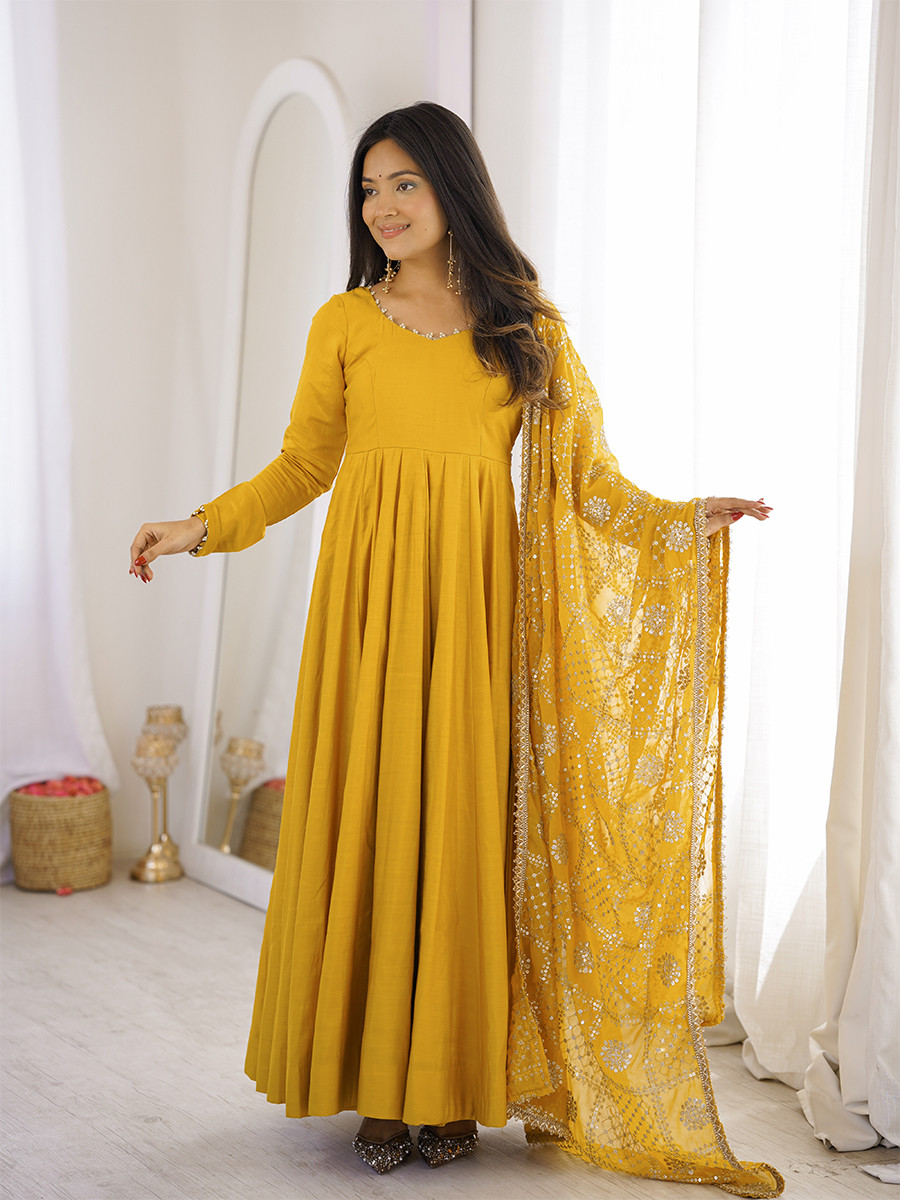 Yellow Heavy Pure Roman Silk Chanderi Embroidery Sequins Zari Lace Wedding Party Festival Casual Ready Anarkali Pant Salwar Kameez