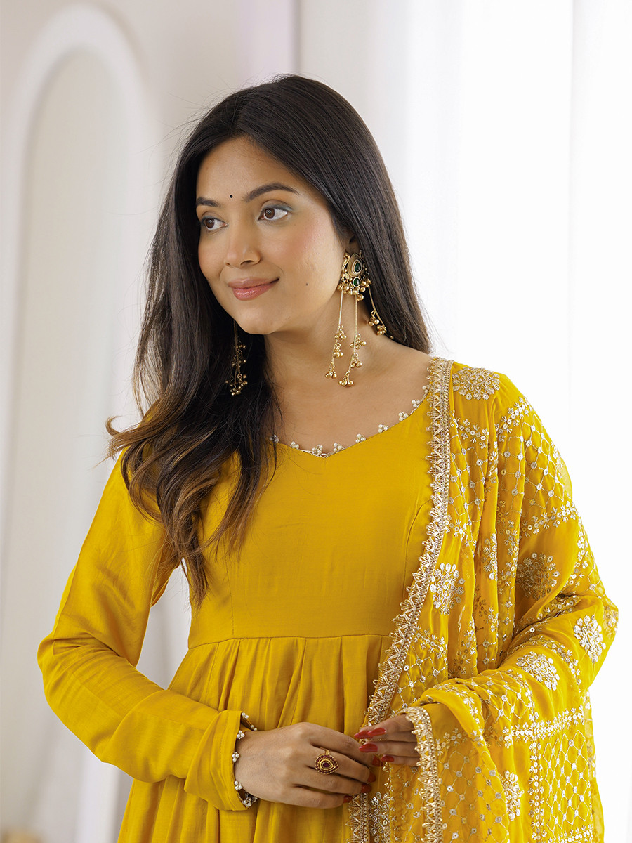 Yellow Heavy Pure Roman Silk Chanderi Embroidery Sequins Zari Lace Wedding Party Festival Casual Ready Anarkali Pant Salwar Kameez