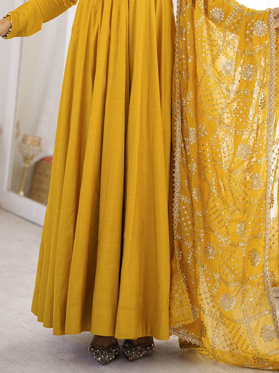 Yellow Heavy Pure Roman Silk Chanderi Embroidery Sequins Zari Lace Wedding Party Festival Casual Ready Anarkali Pant Salwar Kameez