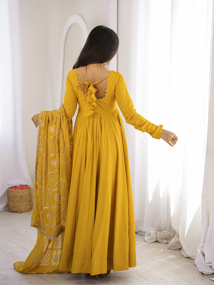 Yellow Heavy Pure Roman Silk Chanderi Embroidery Sequins Zari Lace Wedding Party Festival Casual Ready Anarkali Pant Salwar Kameez