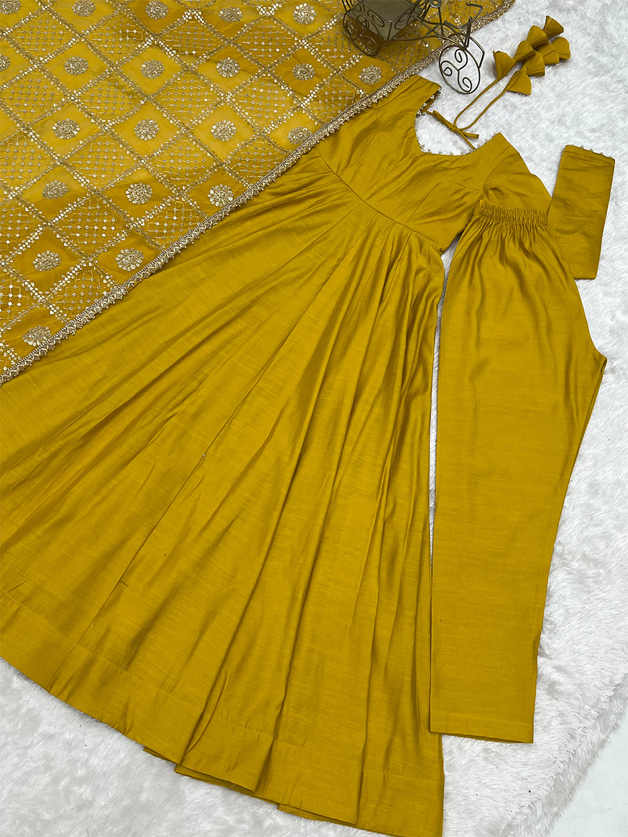 Yellow Heavy Pure Roman Silk Chanderi Embroidery Sequins Zari Lace Wedding Party Festival Casual Ready Anarkali Pant Salwar Kameez
