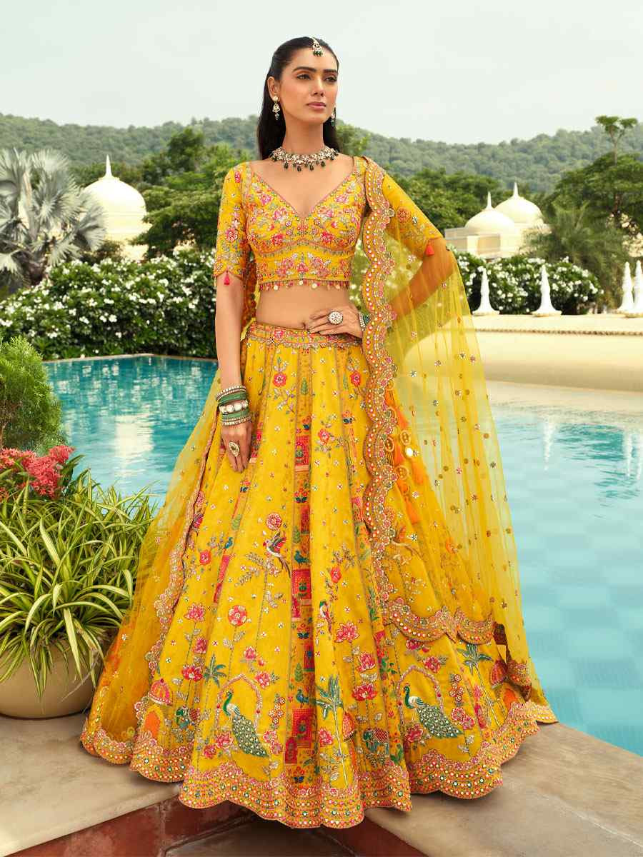 Yellow Heavy Pure Silk Embroidered Wedding Reception Festival Heavy Border Lehenga Choli
