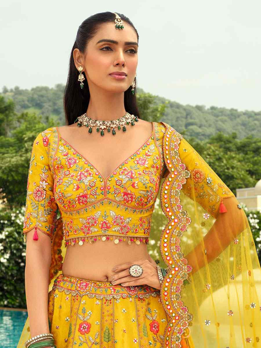 Yellow Heavy Pure Silk Embroidered Wedding Reception Festival Heavy Border Lehenga Choli